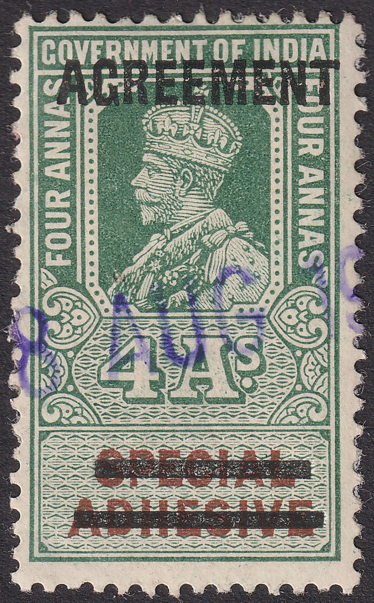 India 1914 KGV Revenue Agreement Provisional Overprint 4a Green + Brown Used BF2