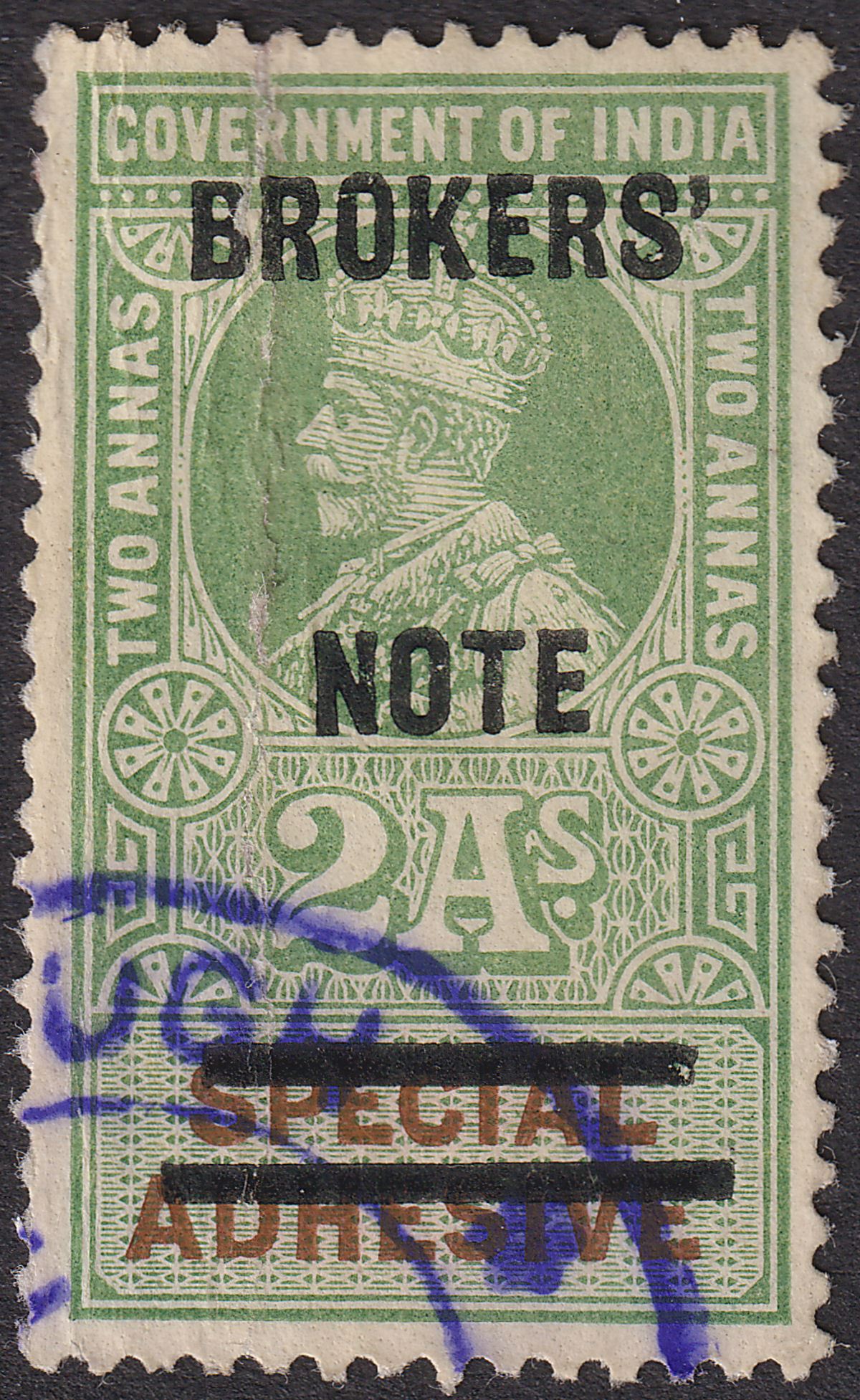 India 1912 KGV Revenue Brokers' Note Provisional Opt 2a Green + Brown Used BF5