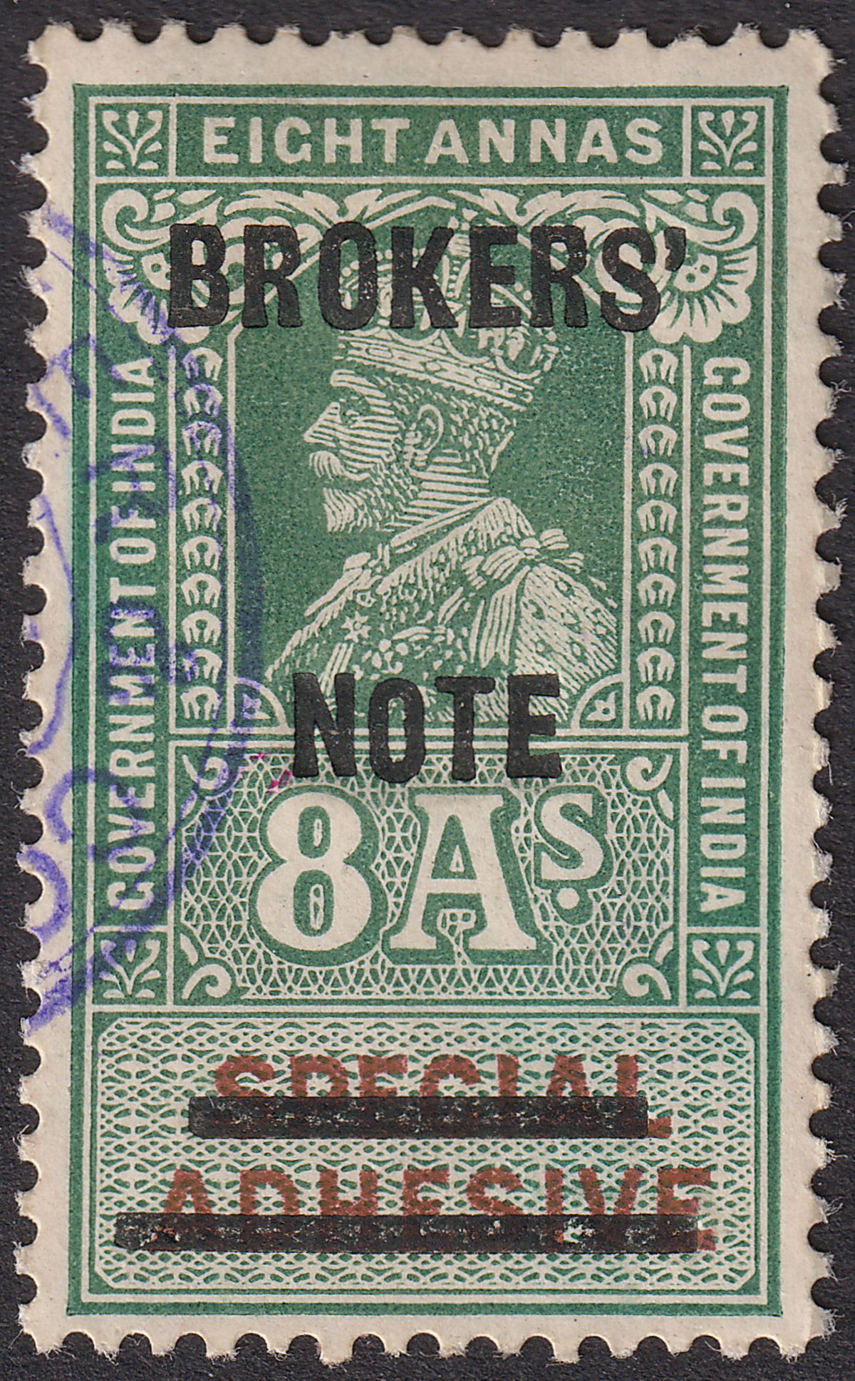 India 1912 KGV Revenue Brokers' Note Provisional Opt 8a Green + Brown Used BF8