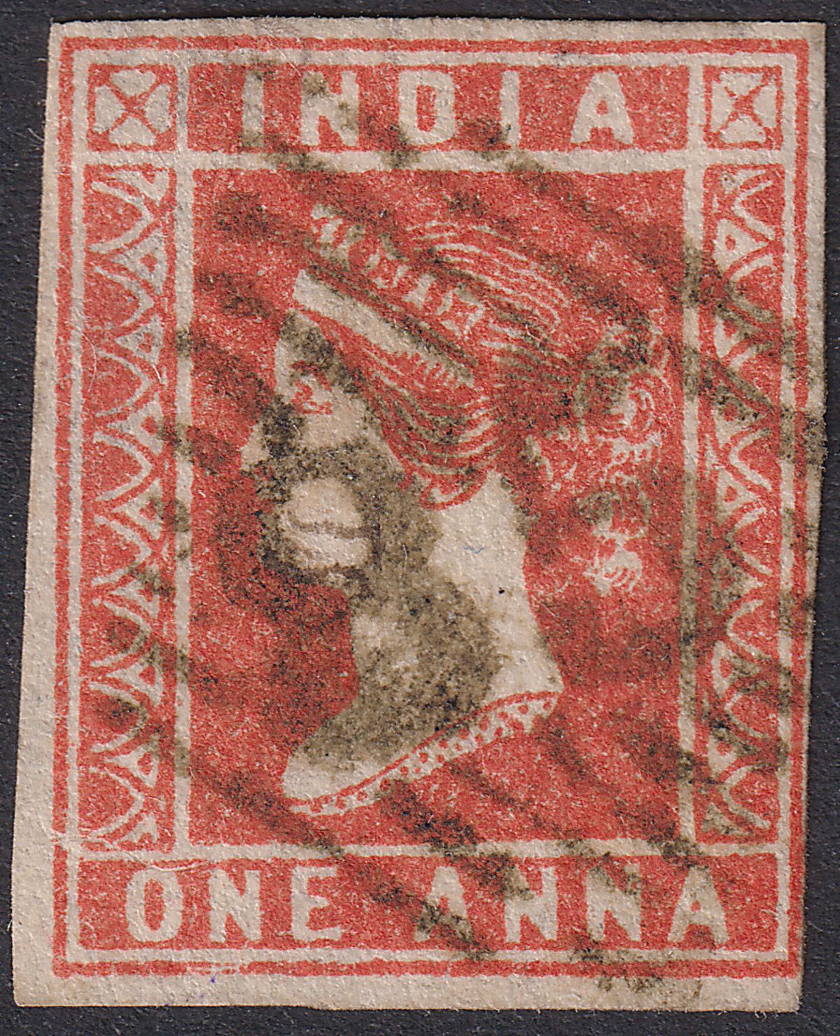 India 1854 QV 1a Deep Red Die II Used SG13 cat £150 w Numeral 85 Postmark