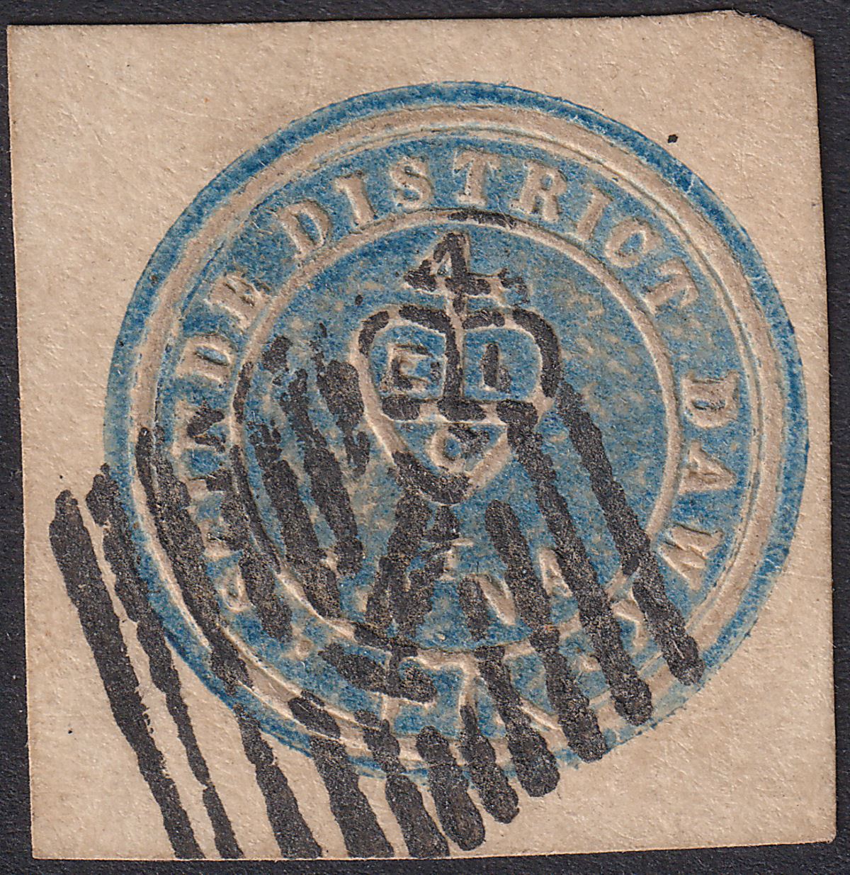 India 1852 QV Scinde Dawk ½a Blue Embossed Forgery as SG S2F