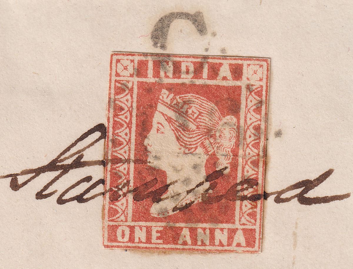 India 1856 QV 1a Deep Red Die II Used on Cover SG13 Palaveram to Hyderabad