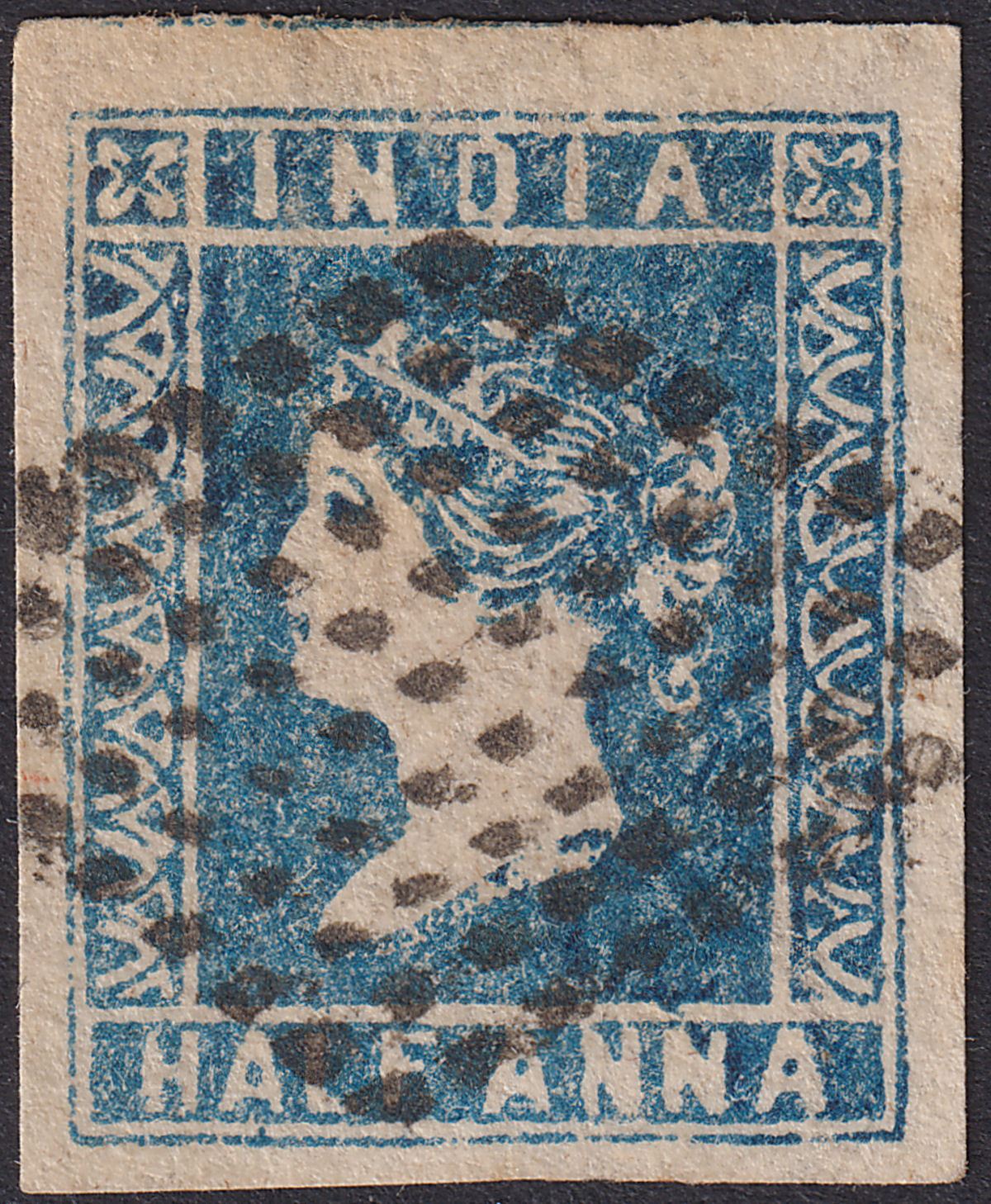 India 1854 QV ½a Blue Die I Used SG2 cat £60 4 margins diamond dot pmk w thin