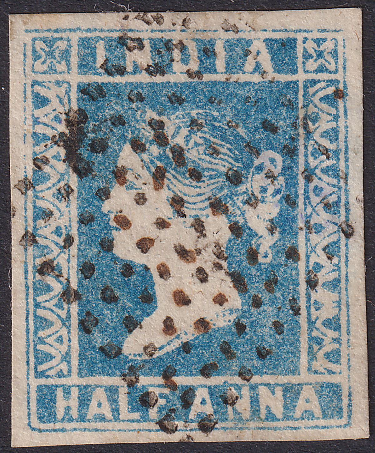 India 1854 QV ½a Pale Blue Die I Used SG3 cat £80 4 margins diamond dot pmk