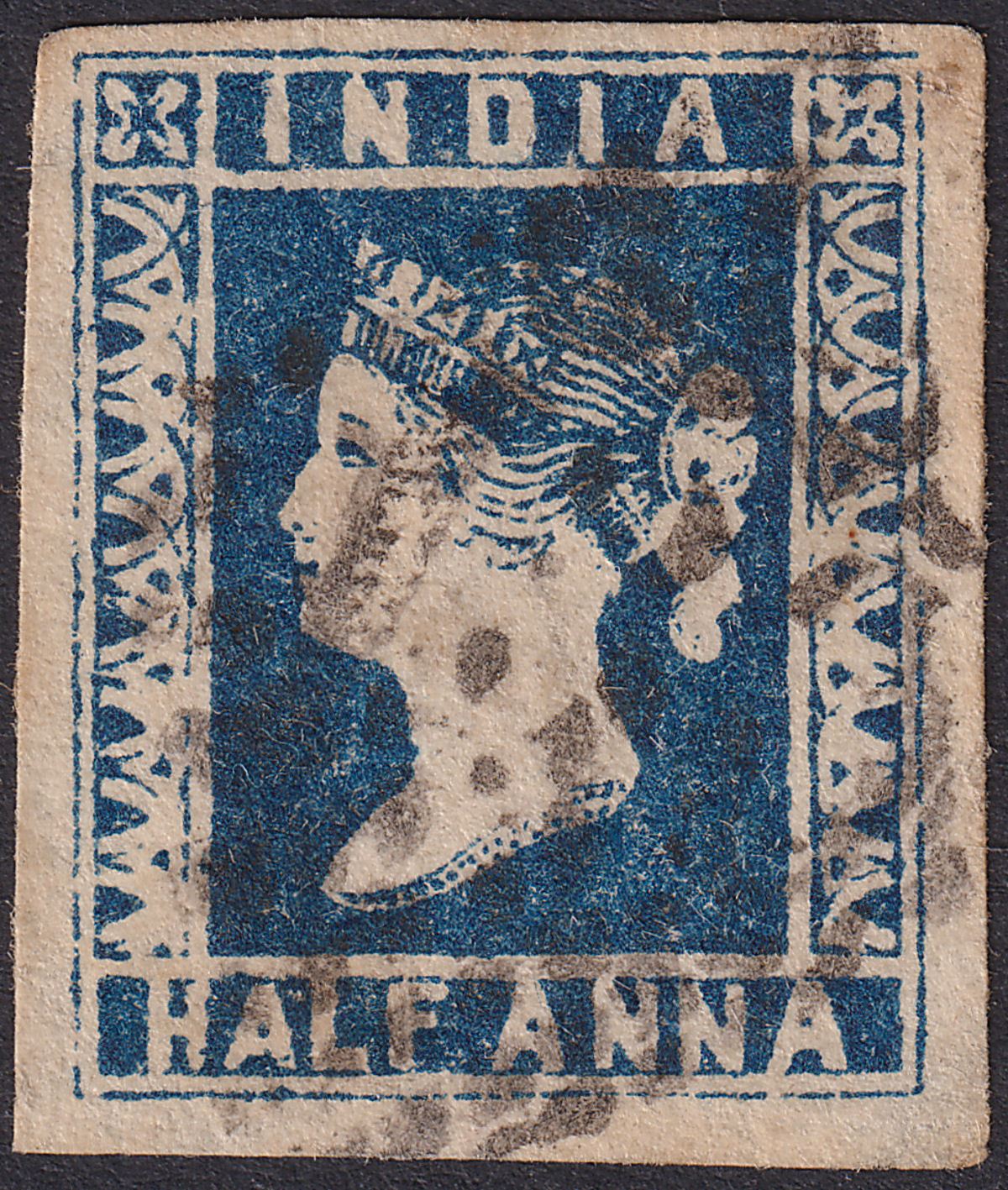 India 1854 QV ½a Indigo Die I Used SG5 cat £170 with four good margins