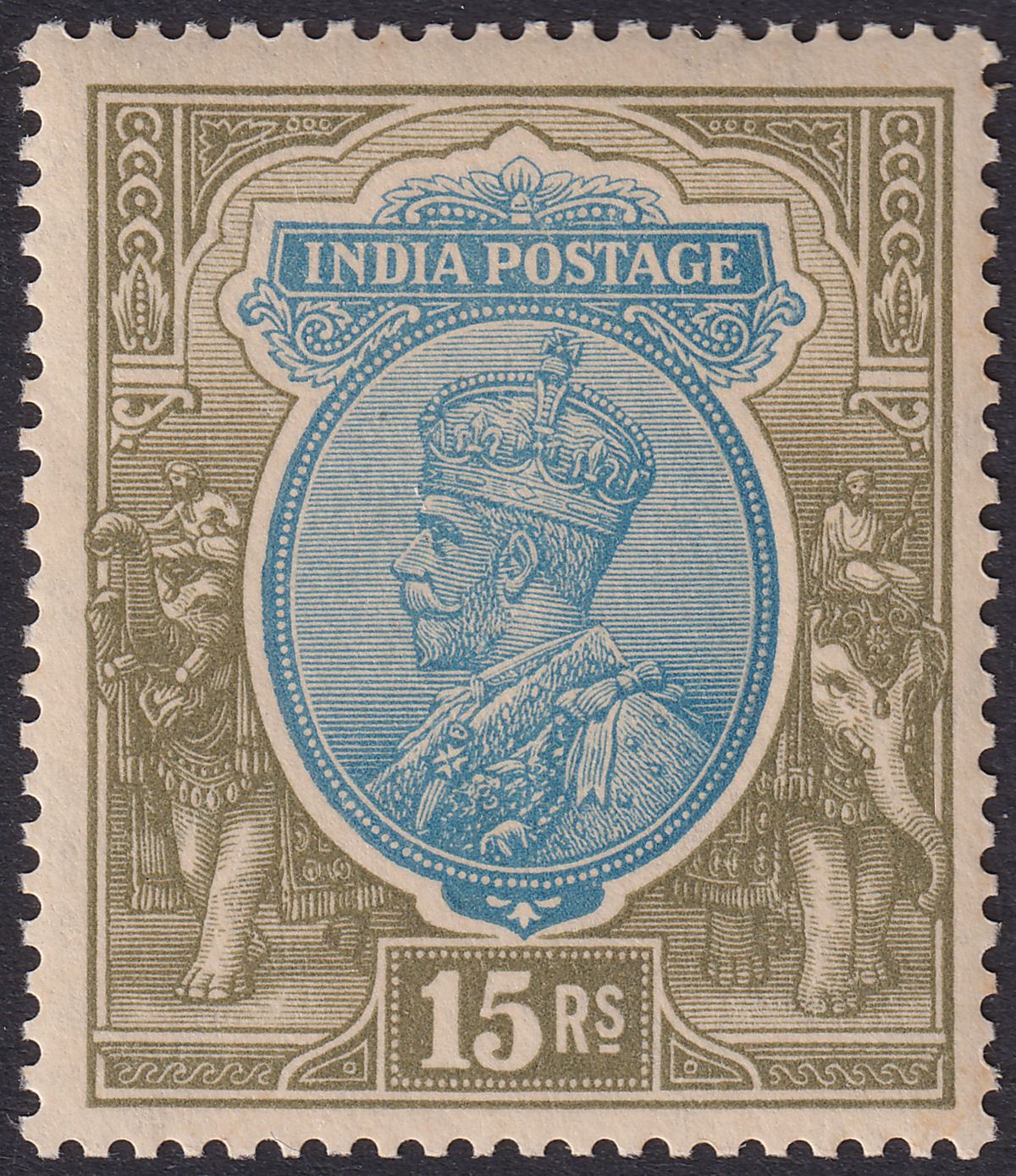 India 1928 KGV 15r Blue and Olive watermark Stars Inverted Mint SG218w cat £48