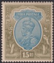 Click for more photos and details India 1928 KGV 15r Blue and Olive watermark Stars Inverted Mint SG218w cat £48