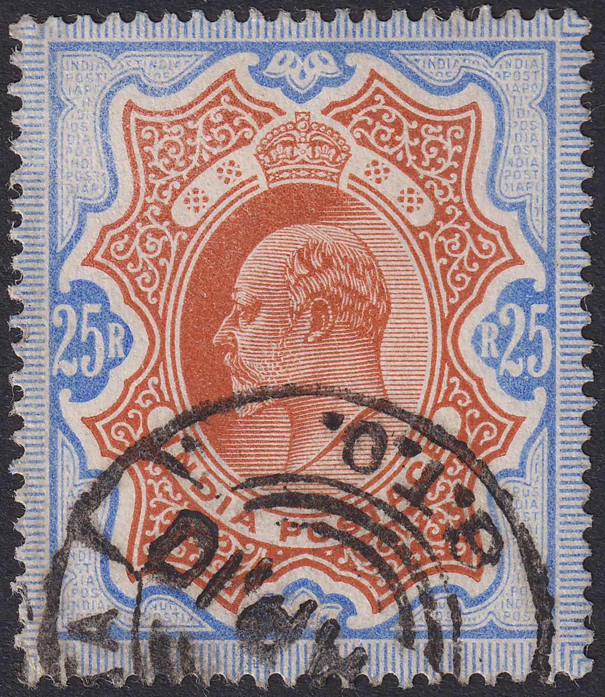 India 1909 KEVII 25r Brownish Orange Blue Telegraph Used SG147 cat £600 as tc