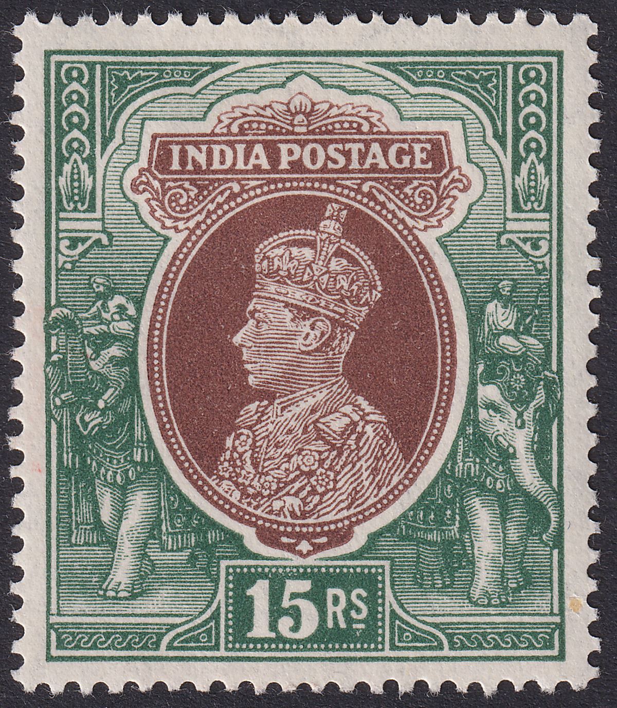India 1937 KGVI 15r Brown and Green watermark Inverted Mint SG263w cat £425