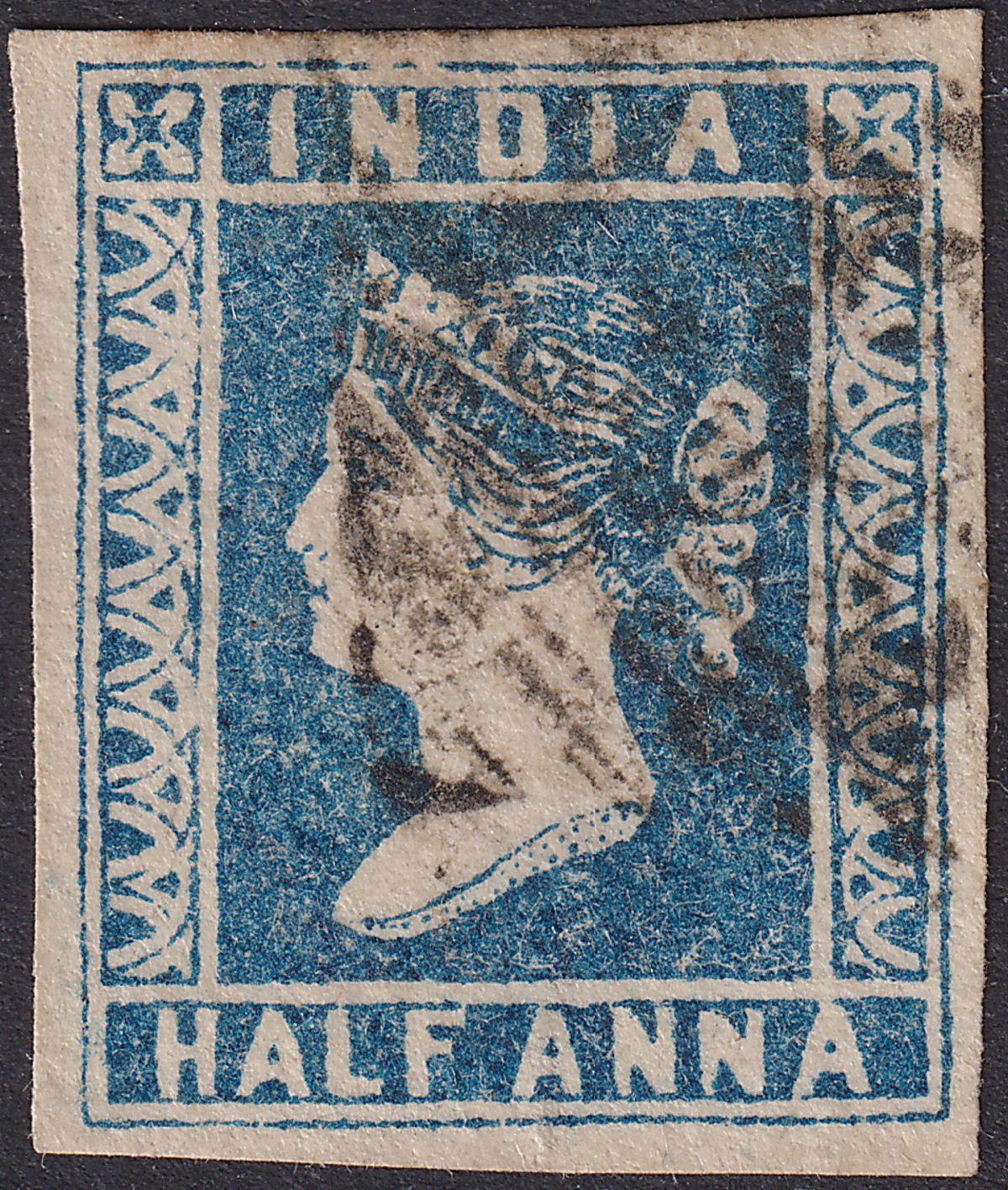 India 1854 QV ½a Blue Die I Used SG2 cat £60 with four margins