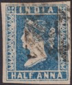 India 1854 QV ½a Blue Die I Used SG2 cat £60 with four margins
