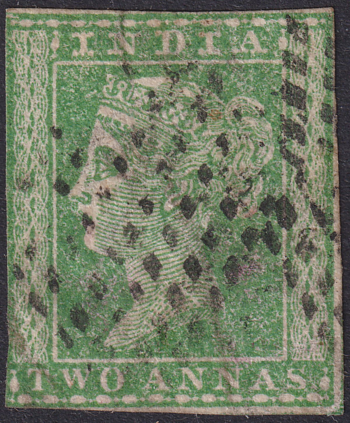 India 1854 QV 2a Green Imperf Used SG31 c£65 three close margins diamond dot pmk