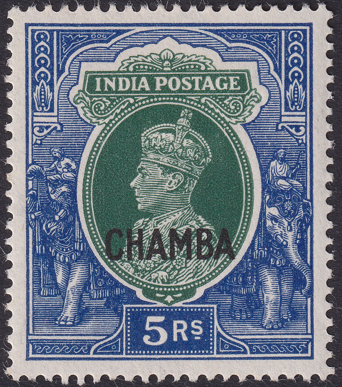 Indian States Chamba 1942 KGVI Overprint 5r Green and Blue Mint SG104 cat £45