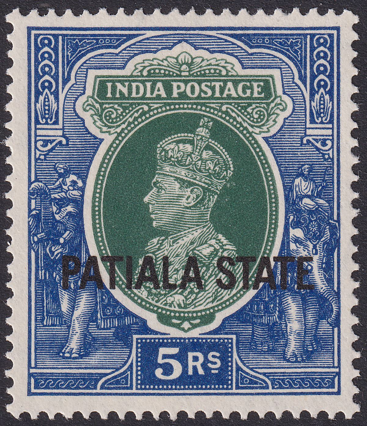 Indian States Patiala 1938 KGVI State Overprint 5r Green and Blue Mint SG94 c£45