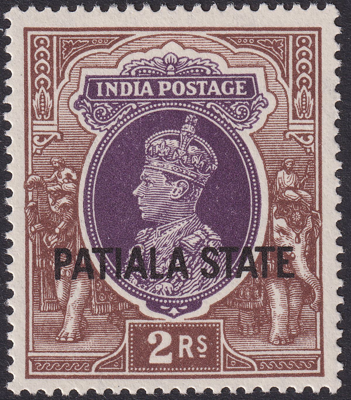 Indian States Patiala 1938 KGVI State Overprint 2r Purple + Brown Mint SG93 c£35