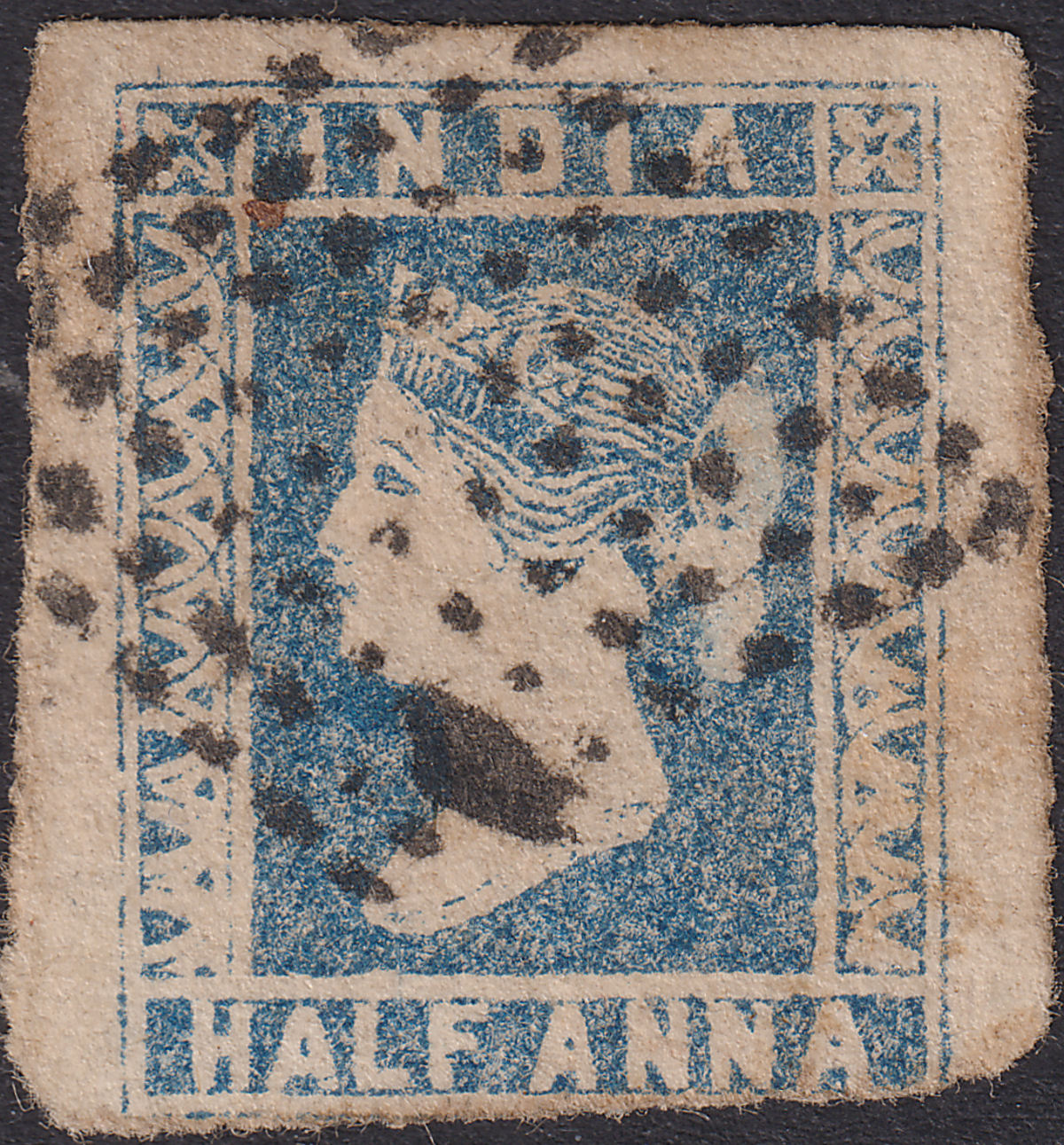 India 1854 QV ½a Blue Die I Used SG2 cat £60 w 3 Margins Diamond Dots Postmark