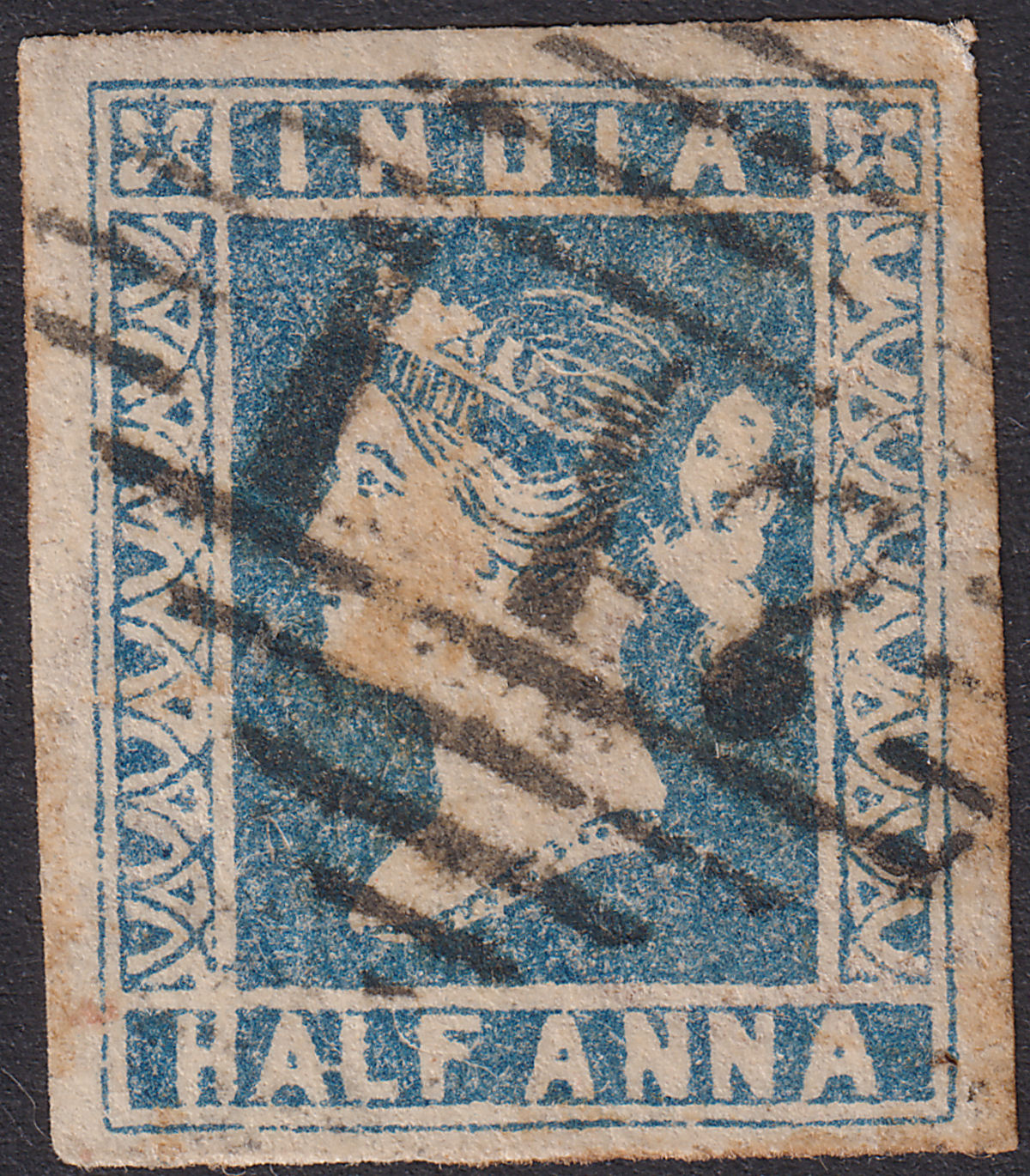 India 1854 QV ½a Blue Die II Used SG6 cat £160 Four Margins Numeral 147 Postmark