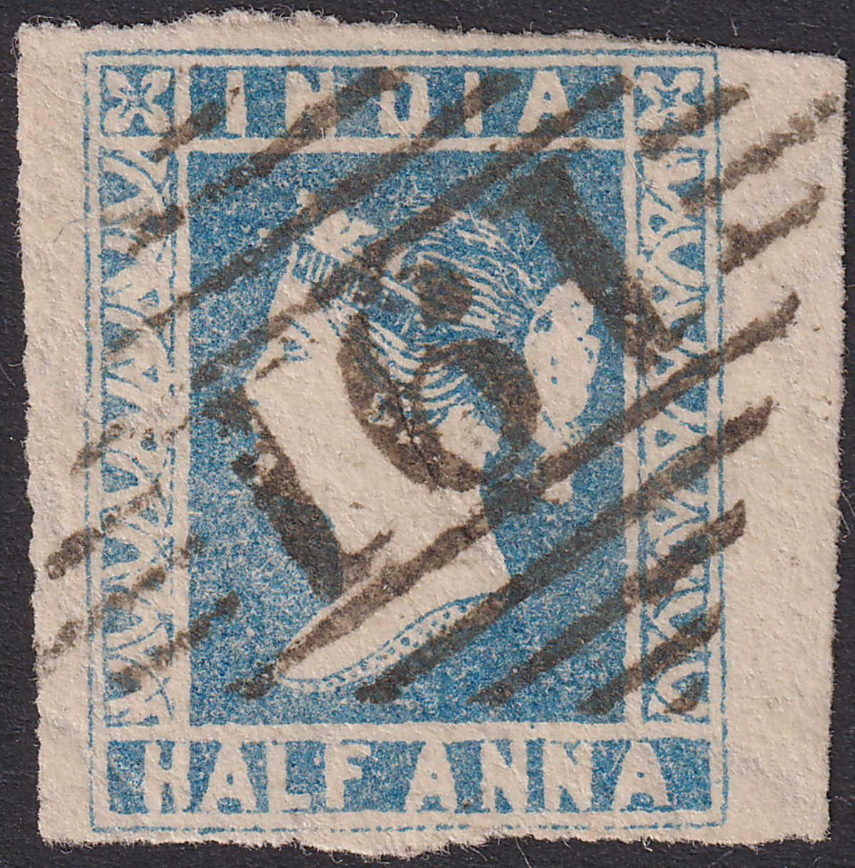 India 1854 QV ½a Blue Die II Used SG6 cat £160 Four Margins Numeral 191 Postmark