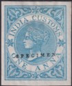 Click for more photos and details India 1865 QV Revenue Customs Type 5 SPECIMEN 1a Blue Imperforate Mint BF1s