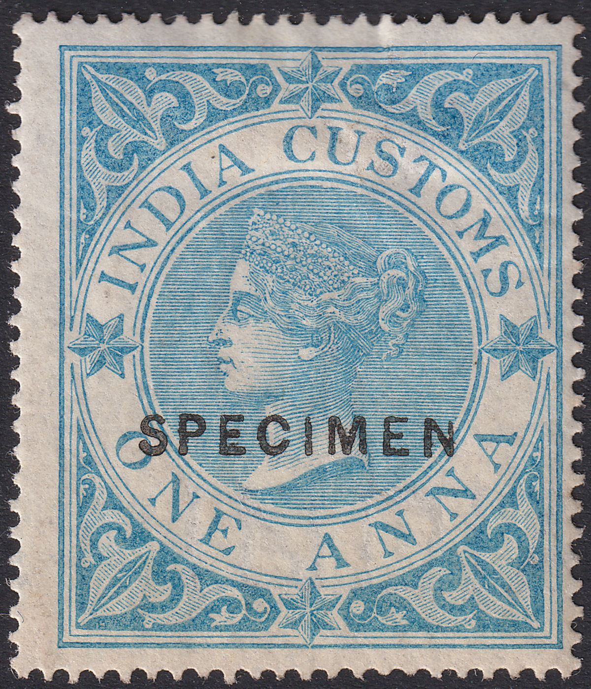 India 1865 QV Revenue Customs Type 12 SPECIMEN 1a Blue perf 15½x15 Mint BF1s