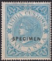 Click for more photos and details India 1865 QV Revenue Customs Type 12 SPECIMEN 1a Blue perf 15½x15 Mint BF1s
