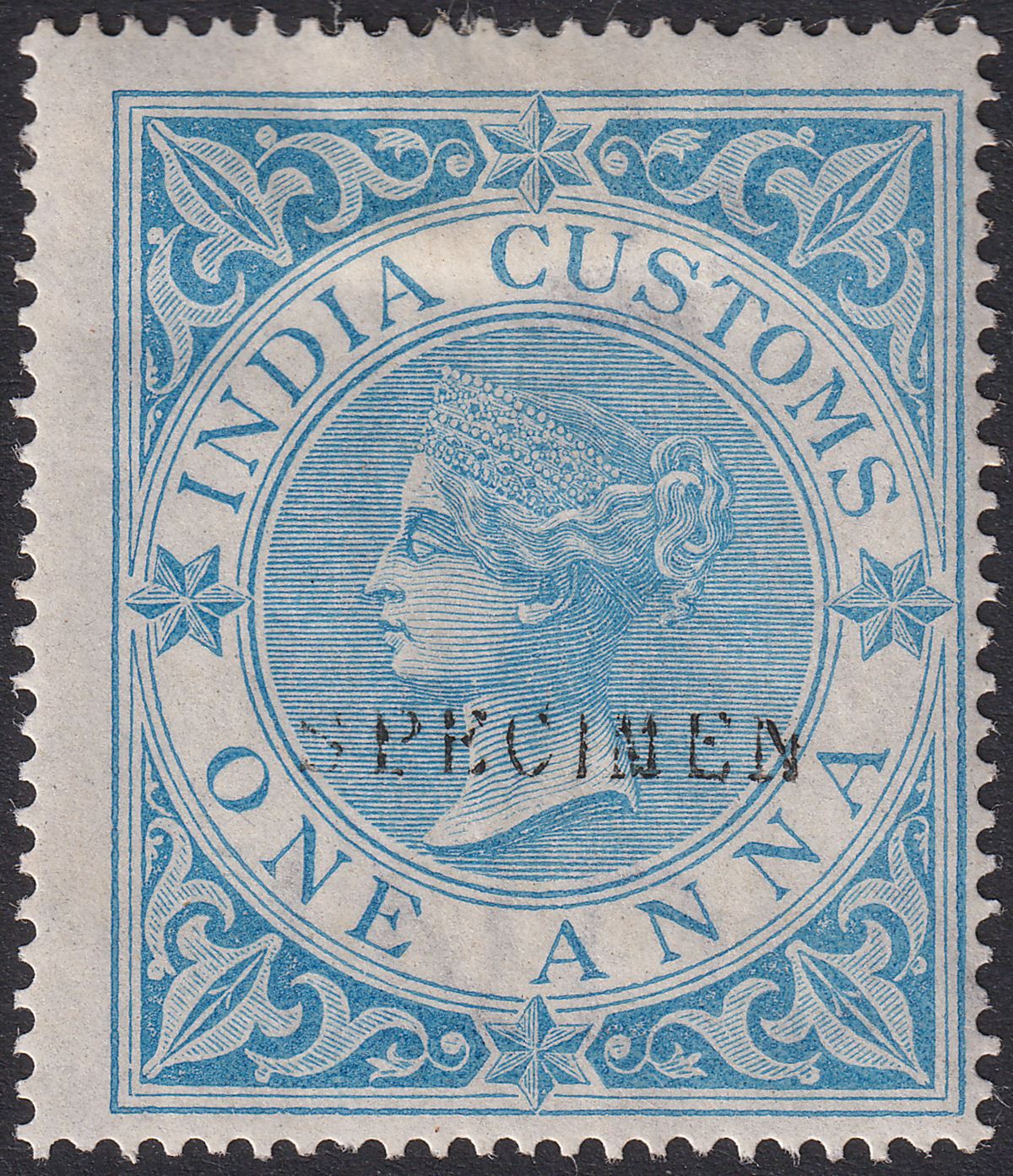 India 1865 QV Revenue Customs Type 14 SPECIMEN 1a Blue perf 15½x15 Mint BF1s