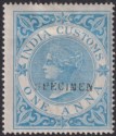 Click for more photos and details India 1865 QV Revenue Customs Type 14 SPECIMEN 1a Blue perf 15½x15 Mint BF1s