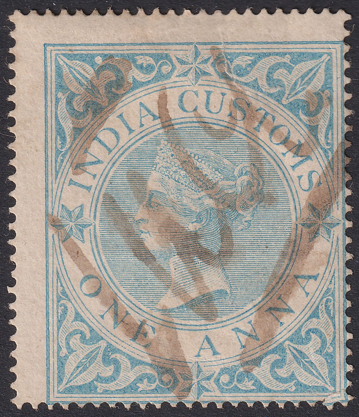 India 1865 QV Revenue Customs 1a Light Blue perf 15½x15 Used BF1 faults
