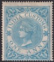 Click for more photos and details India 1865 QV Revenue Customs 1a Blue perf 15½x15 Mint BF1