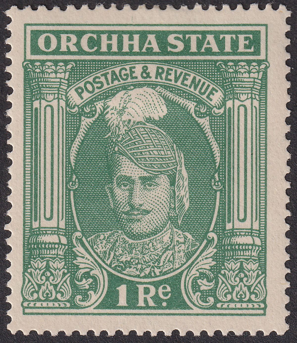 Indian States Orchha 1939 KGVI Maharaja 1r Grey-Green Mint SG42 cat £42