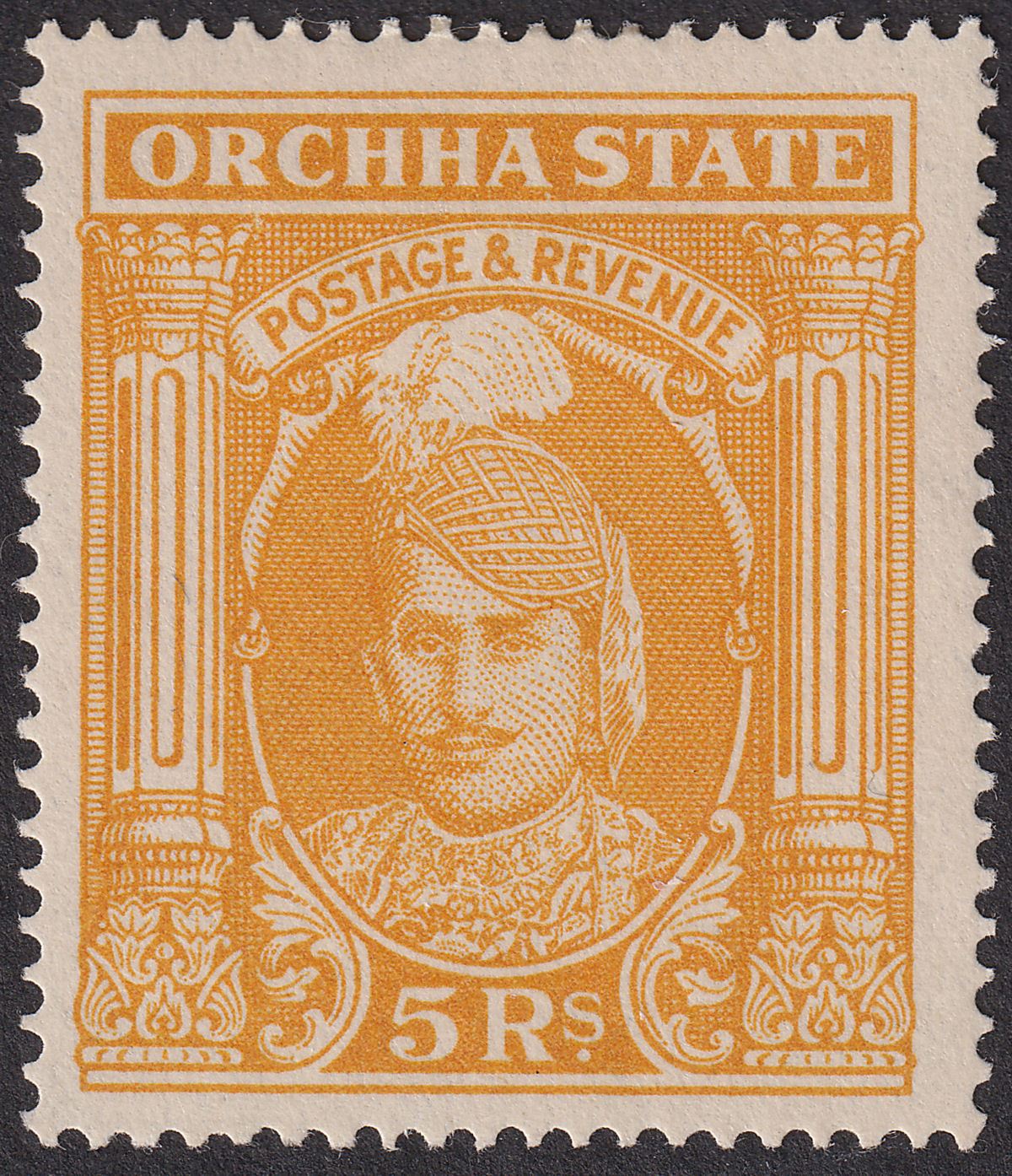 Indian States Orchha 1939 KGVI Maharaja 5r Yellow-Orange Mint SG44 cat £400