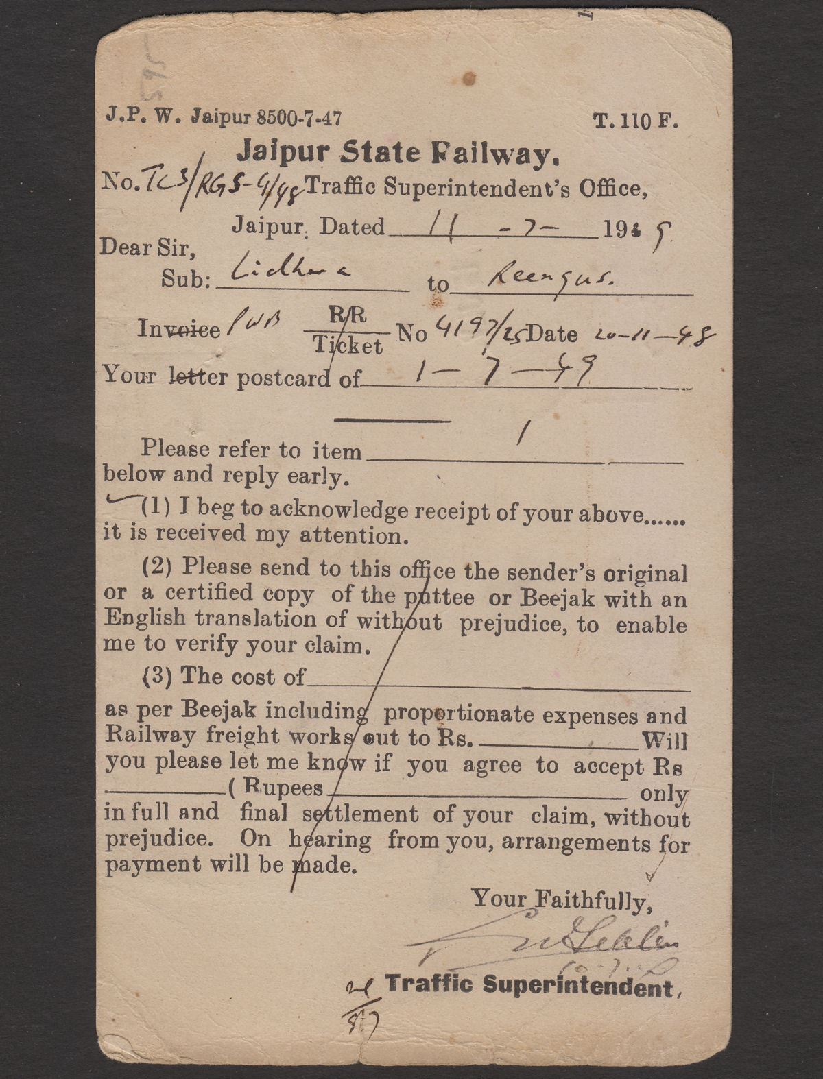 Indian States Jaipur 1949 Jubilee ¼a Used on State Railway Postcard to Ringas