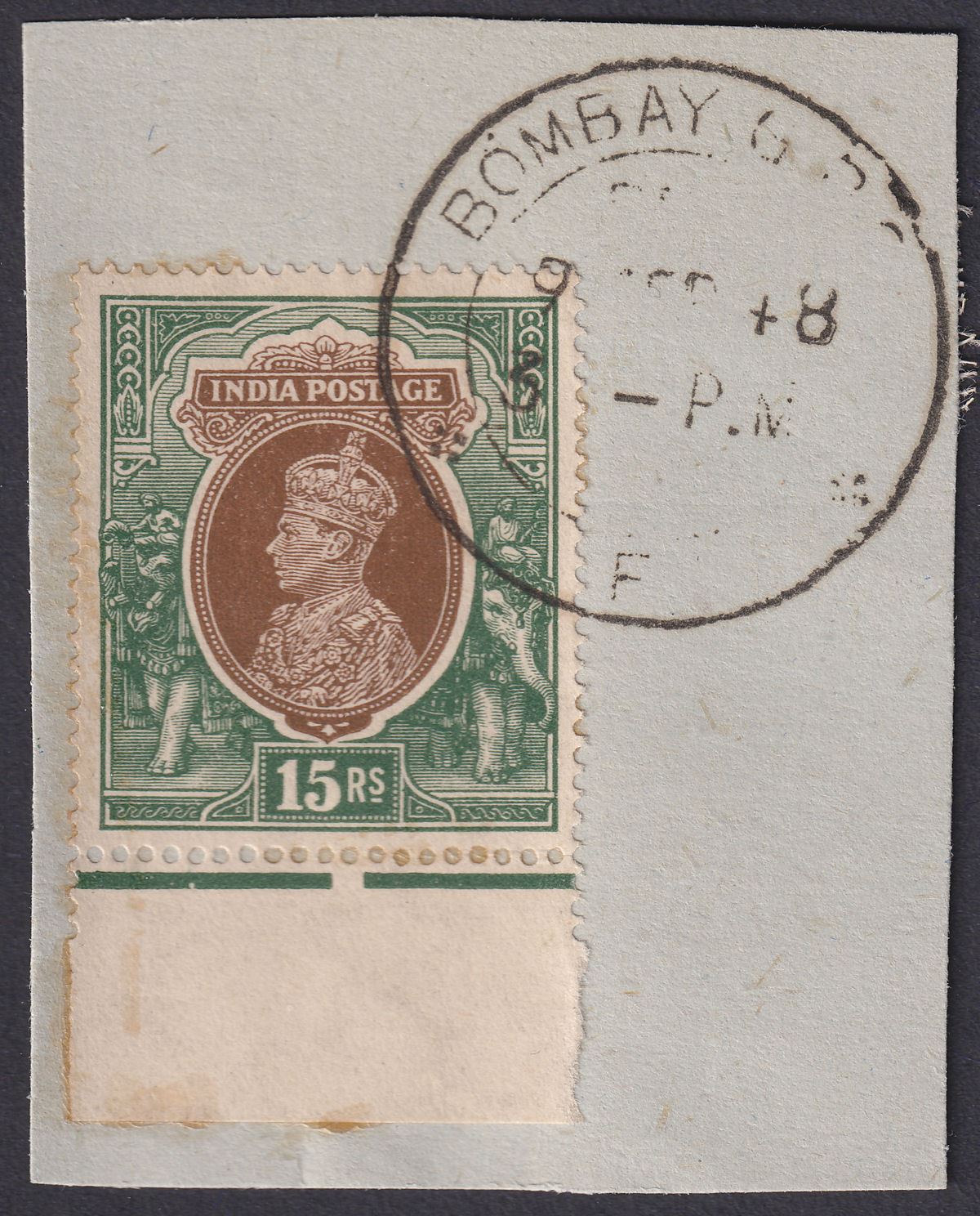 India 1937 KGVI 15r Brown and Green Used on Piece SG263 cat £110