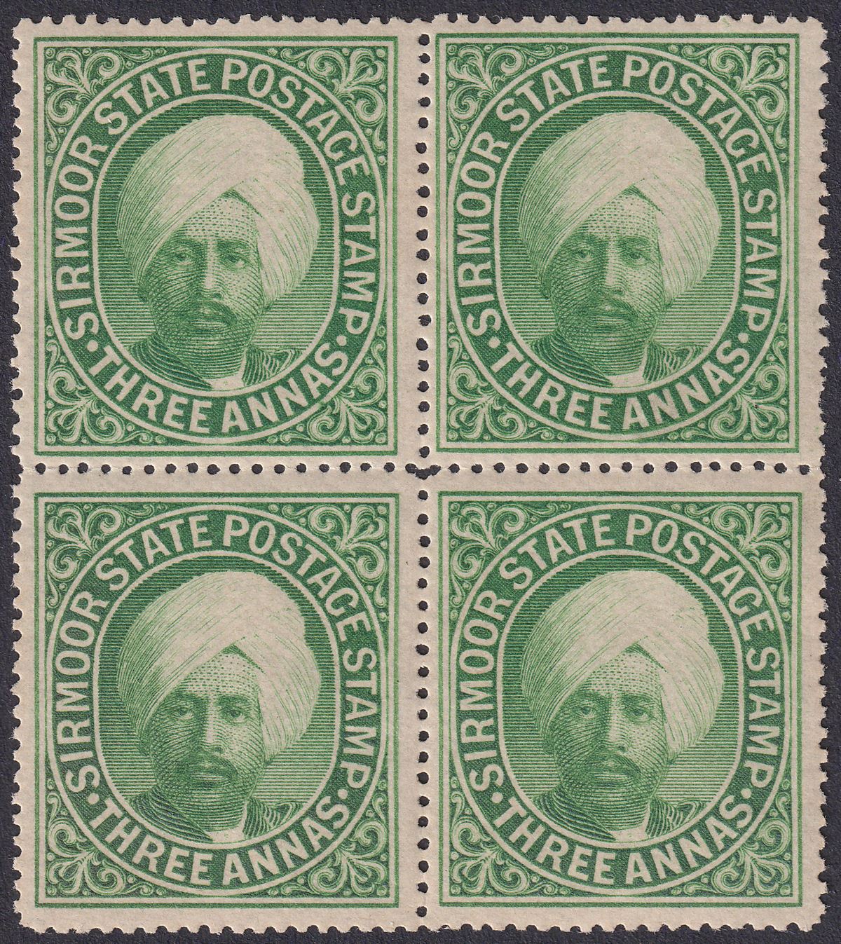 Indian States Sirmoor 1899 Raja Surindra Bikram Parkash 3a Block of 4 SG30 c £44