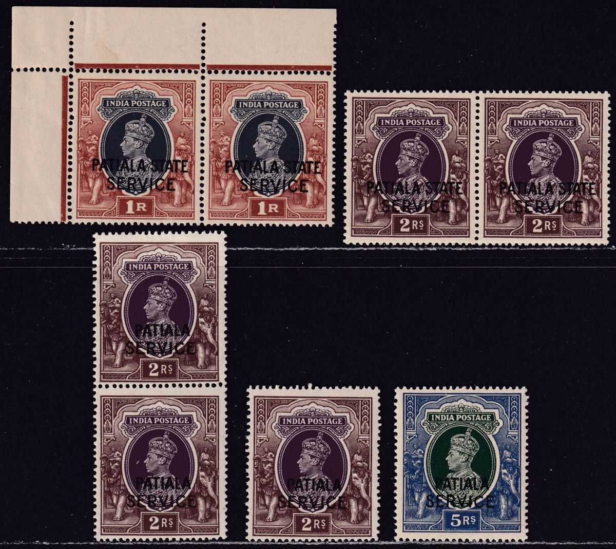 Indian States Patiala 1937-44 KGVI Official Overprint Selection to 5r Mint