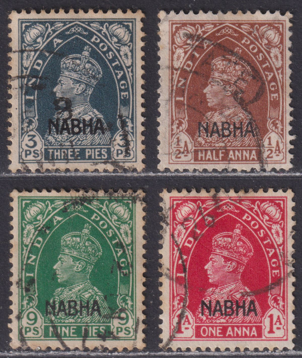 Indian States Nabha 1942 KGVI Overprint Set Used SG95-98 cat £40 perf toning