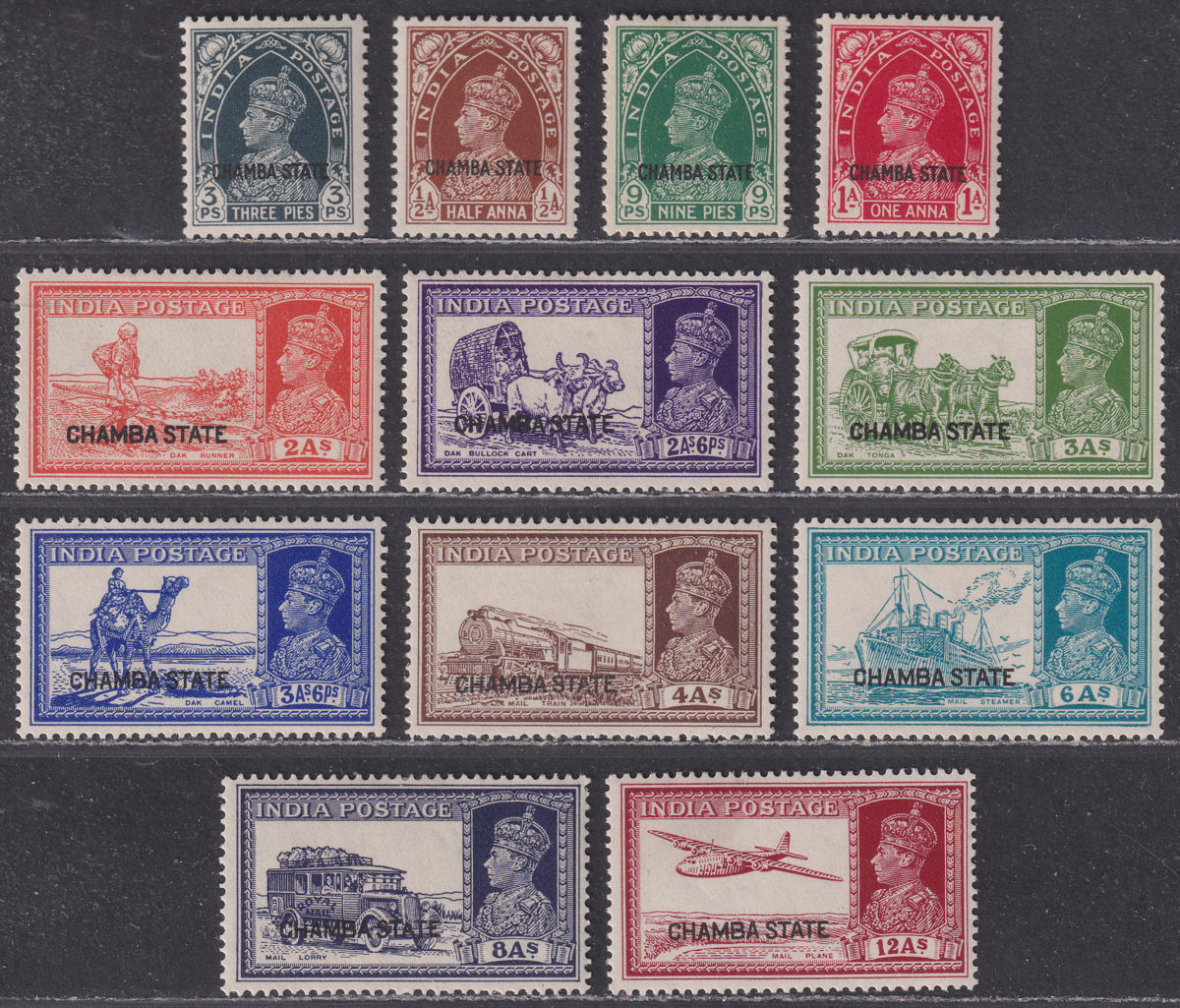 Indian States Chamba 1938 KGVI State Overprint Set to 12a Mint SG82-93