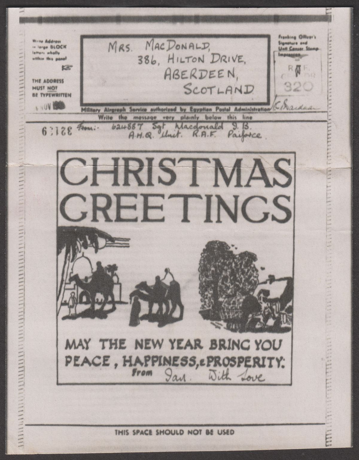 Iraq WWII Forces Airgraph Christmas Greetings RAF PAIFORCE to Aberdeen, Scotland