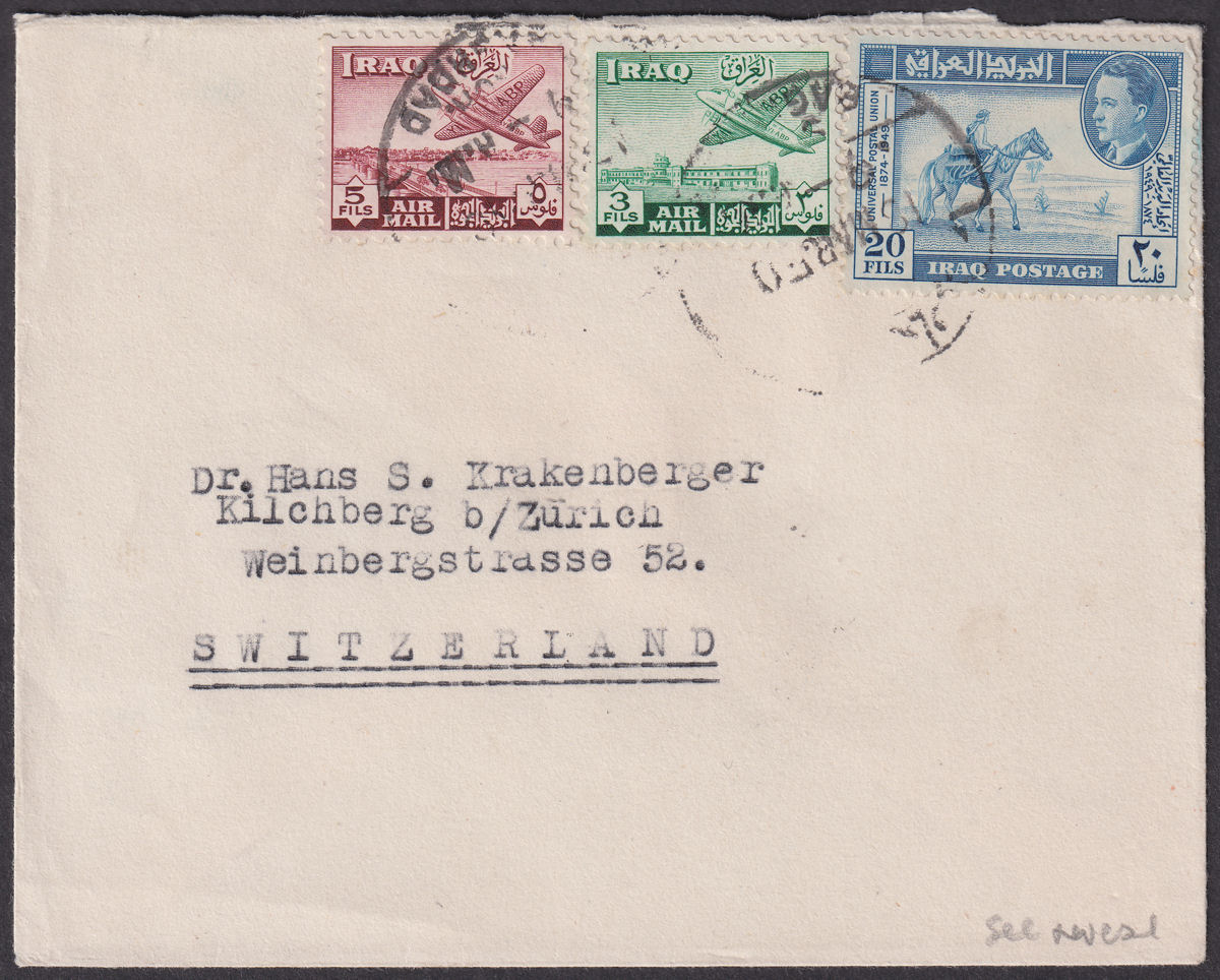 Iraq 1950 20f, Airmail 5f, 3f Used on Cover with 2f on 5f Tax Stamp SG T329