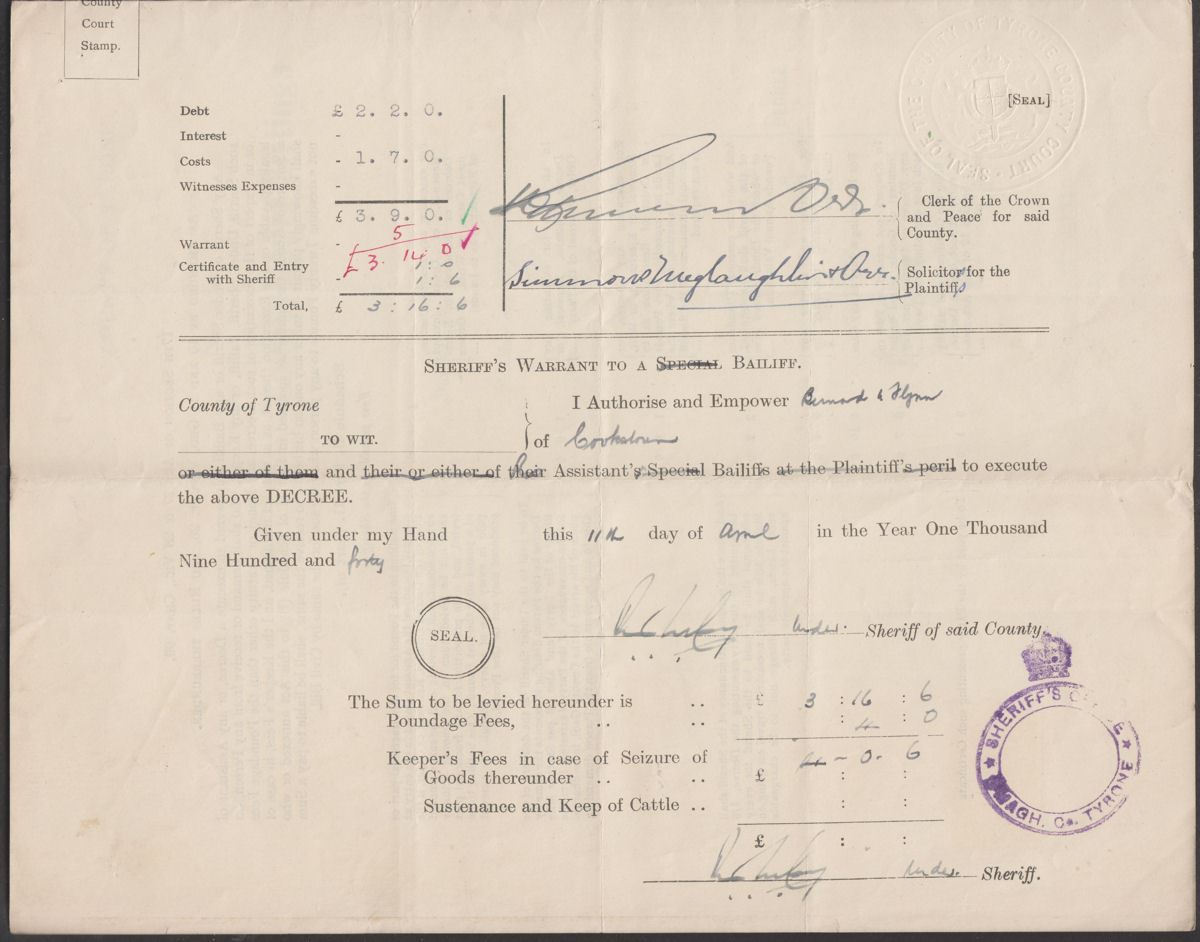 Northern Ireland 1939 KGV Revenue County Courts 2sh Used on Decree Document BF7