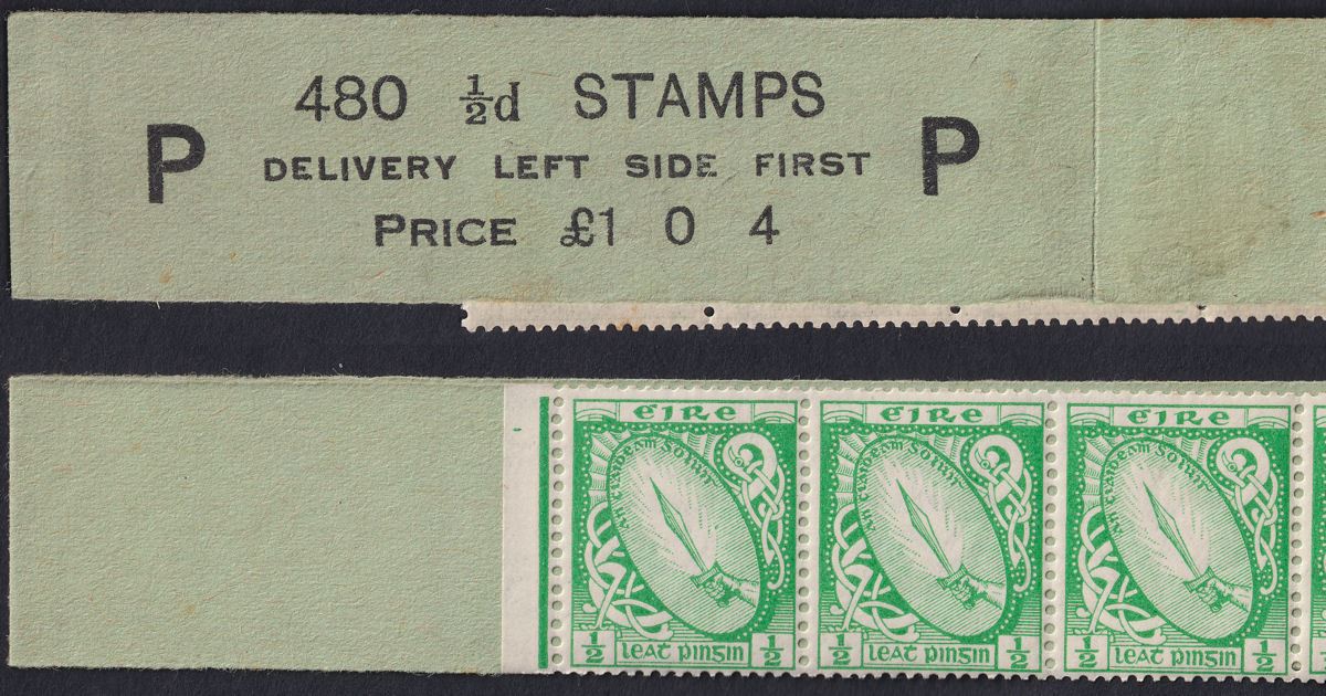 Ireland 1923 Sword ½d Green £1.0.4 Horizontal Coil Leader Control P w 7 Stamps 