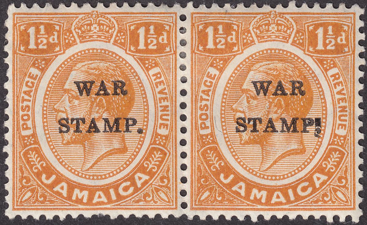 Jamaica 1917 KGV War Tax 1½d Pair Mint with WAR STAMP! Raised Spacer