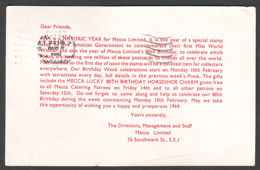 Jamaica 1964 QEII Miss World 1963 Mecca First Day Card