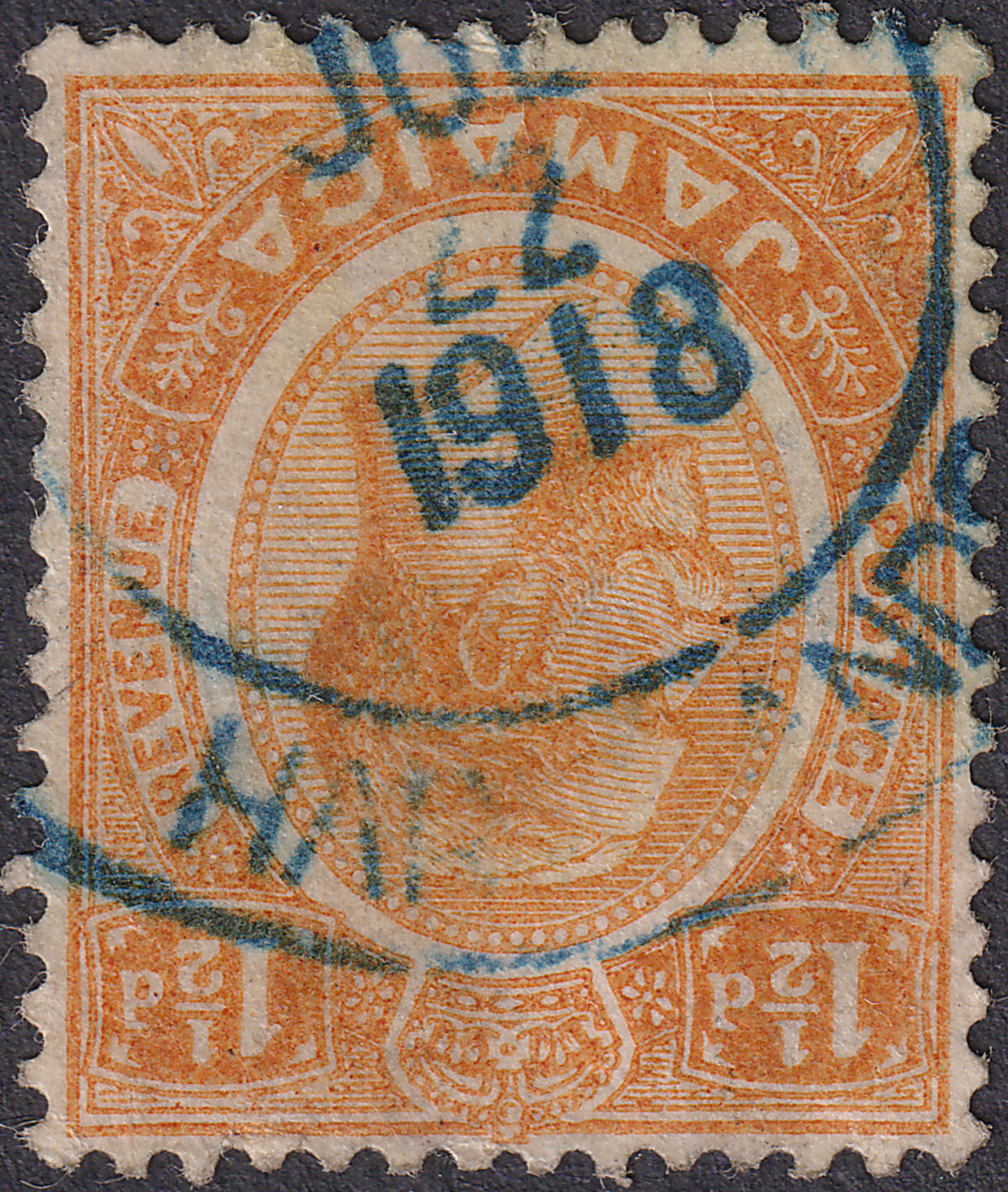 Jamaica 1918 KGV 1½d Used with Blue HARTLANDS Government Railway Postmark