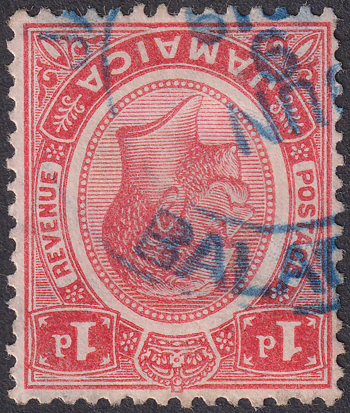 Jamaica 1919 KGV 1d Used with Blue BALACLAVA Government Railway Postmark