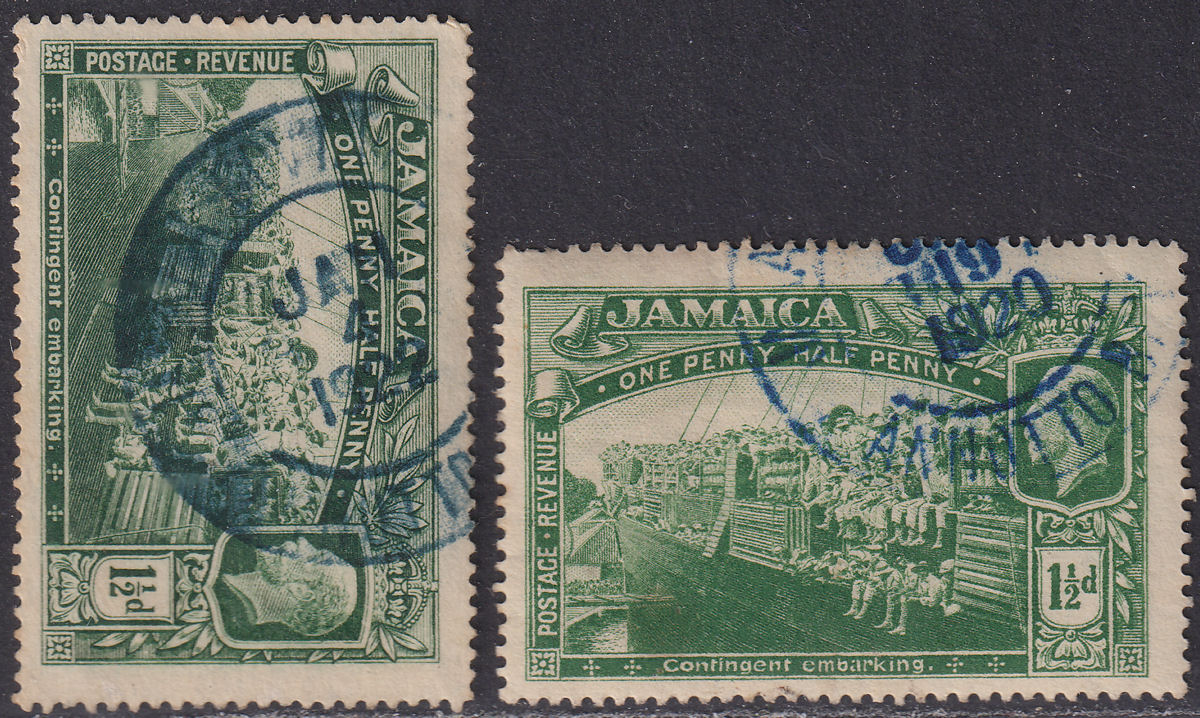 Jamaica 1920-22 KGV 1½d x2 Used w Blue ANNOTTO BAY Government Railway Postmarks