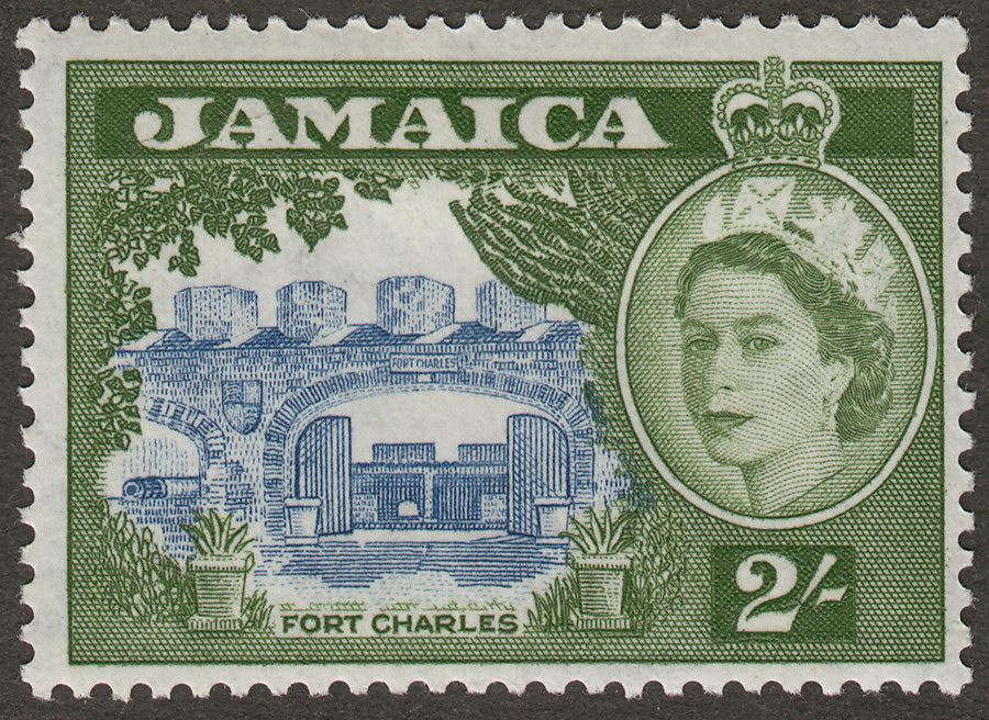 Jamaica 1958 QEII Fort Charles 2sh Grey-Blue and Bronze-Green Mint SG170a