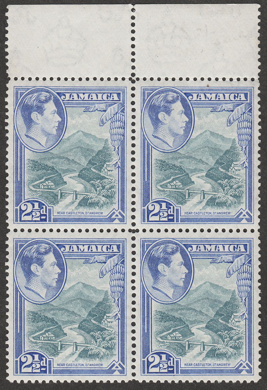 Jamaica 1938 KGVI 2½d Greenish Blue and Ultramarine Block of Four Mint SG125