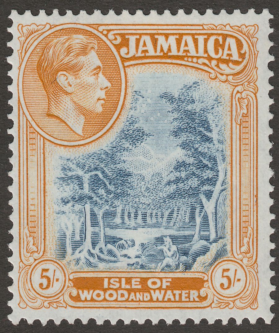 Jamaica 1949 KGVI 5sh Slate-Blue and Yellow-Orange p13 Mint SG132b