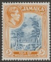 Click for more photos and details Jamaica 1949 KGVI 5sh Slate-Blue and Yellow-Orange p13 Mint SG132b